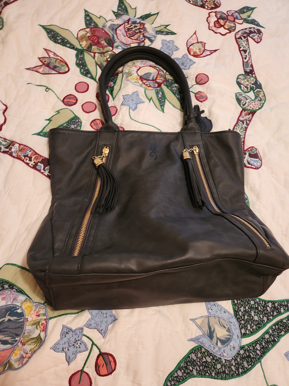 Browning Black Leather Tote with Gold Zipper Tassels and Double Handles